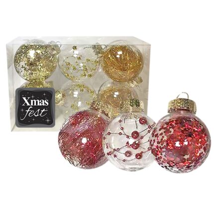 ΧΡΙΣΤΟΥΓΕΝΝΙΑΤΙΚΕΣ ΜΠΑΛΕΣ ΔΙΑΦΑΝΕΙΣ ΜΕ ΓΕΜΙΣΜΑ ΝΤΕΚΟΡ  ΣΕ ΔΙΑΦΟΡΑ ΧΡΩΜΑΤΑ ΣΕ ΣΥΣΚΕΥΑΣΙΑ 6 ΤΕΜΑΧΙΩΝ. ΔΙΑΜΕΤΡΟΣ 8 εκ.