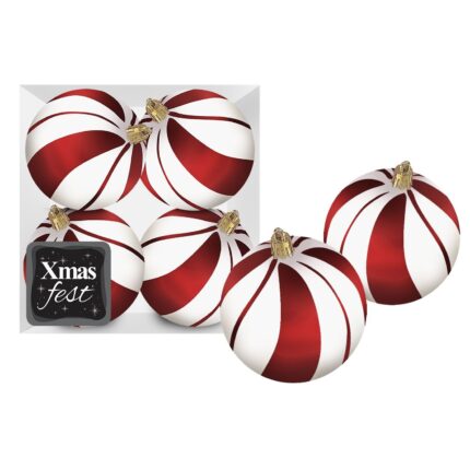 ΧΡΙΣΤΟΥΓΕΝΝΙΑΤΙΚΕΣ ΜΠΑΛΕΣ "ΛΕΥΚΕΣ ΜΕ ΚΟΚΚΙΝΕΣ ΡΙΓΕΣ" ΣΕ ΣΥΣΚΕΥΑΣΙΑ 4 ΤΕΜΑΧΙΩΝ . ΔΙΑΜΕΤΡΟΣ 10 εκ.