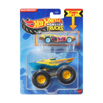 Mattel Hot Wheels Monster Trucks: Wave Wrecker With Small Car – Die-Cast & Truck Vehicle (JJT62)